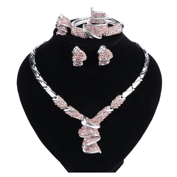 

fashion african women silver color wedding jewelry sets dubai vintage crystal necklaces bracelet ring earrings jewellery bra1e, Black