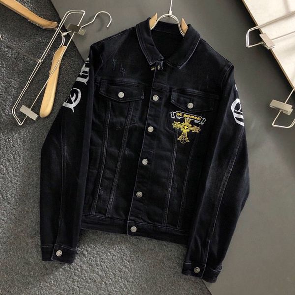 

new fashion brand ch crosin cross embroidery sanskrit drilling rivet casual denim jacket, Black;gray