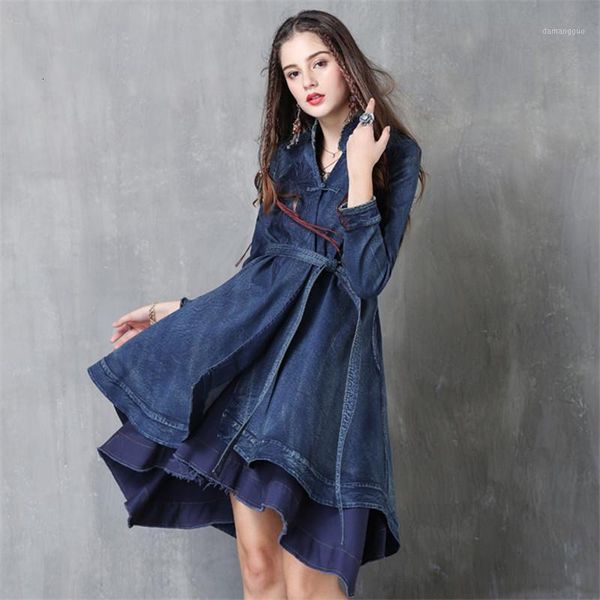 

irregular long denim jacket vintage embroidered belt slim cowboy long jackets women sleeves swing hem jean jacket coats1, Tan;black