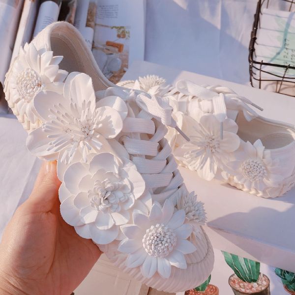 

designer shoes handmade summer flowers casual flats tide wild fashion canvas shoes woman lace-up korean white vulcanized shoe lo, Black
