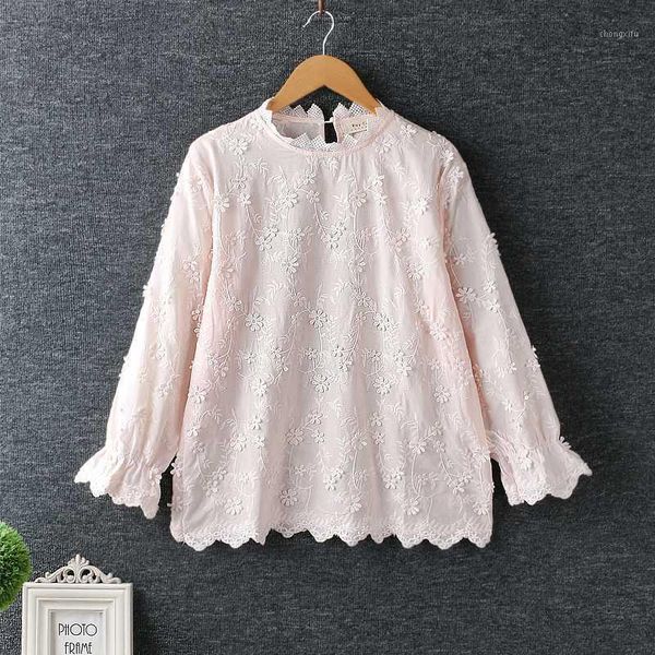 

sweet small fresh three-dimensional flower embroidery shirt blouse women spring summer mori girl1, White