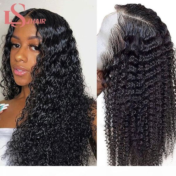 

ls волос кудрявые волны 180 150 плотность короткие и длинные фронта шнурка человеческих волос парики pre щипковых бразильский курчавый завит, Black