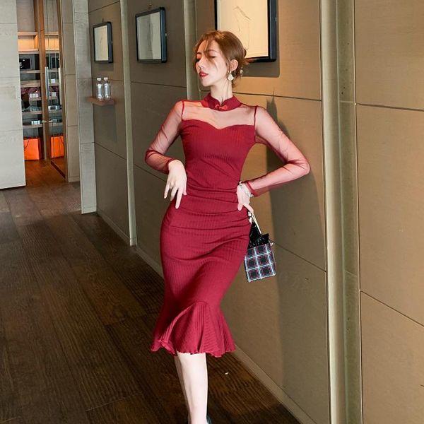 

autumn winter long sleeve women dress improved retro solid wine red lace dresses slim fit waist bottom fishtail dress, Black;gray