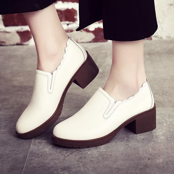 

plus size 41 42 43 block heels platform shoes women pumps spring 2020 shallow genuine leather shoes ladies loafers office shoe1, Black