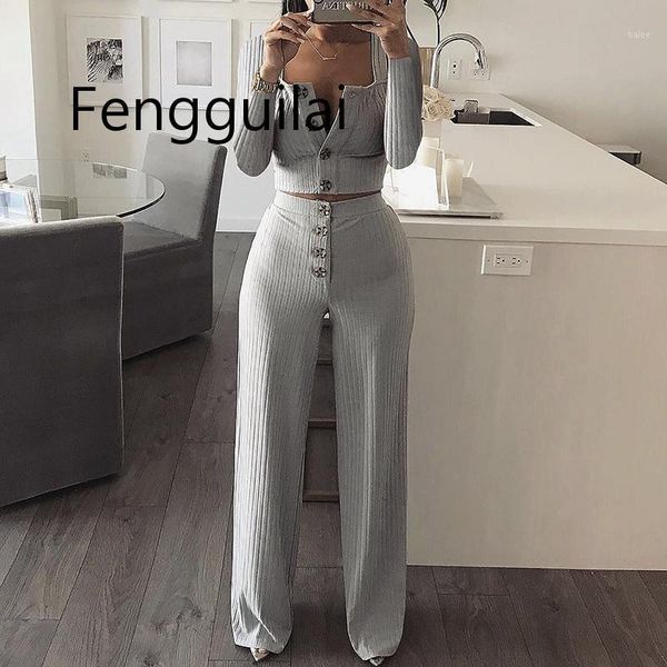 

autumn women knitted rib 2 piece set women 2020 winter casual gray matching sets outfit 2 piece set elegant straight pants1