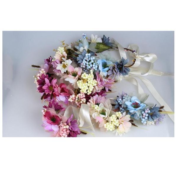 

women wedding rose flower wreath bridal headband & wrist kids party flower crown korean hair accessories adjustable qylnsd
