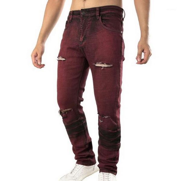 

fashion streetwear men jeans red color slim fit elastic spliced ripped jeans men big pocket denim cargo pants biker homme1, Blue