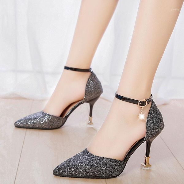

high heels ladies pumps women shoes woman stiletto new buckle strap casual shoes silver sequin bling pointed toe sandals1, Black