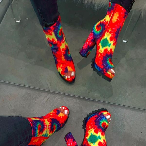 

women platform peep toe boots woman super high heels ankle boots female colorful tie dye zip pumps women's shoes big size, Black