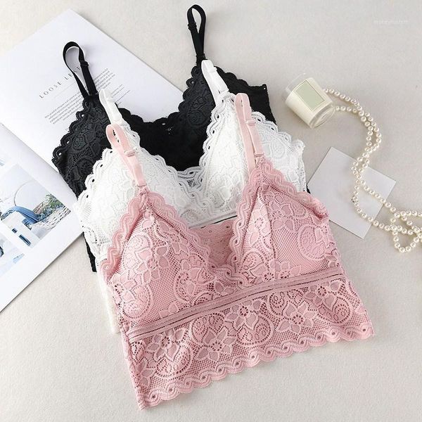 

women embroidery floral tank fashion wireless bra padded deep v lace bras summer crop, Black;white