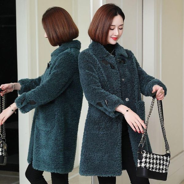 

women's fur & faux women2021 winter fashion real lamb solid color coat female sheep shearing jacket ladies covered button slim outwear, Black