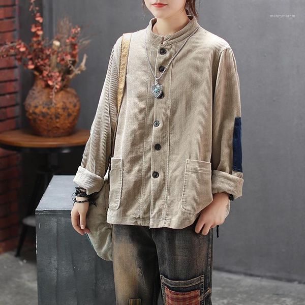 

women's jackets nini wonderland women corduroy jacket coats 2021 autumn stand collar long sleeve loose coat female vintage patchwork ou, Black;brown