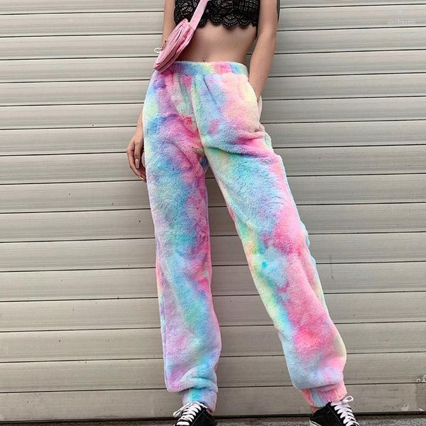 

women autum winter lamb wool sweatpants rainbow print artificial wool jogger pants ladies casual fuzzy warm pants trousers1, Black;blue