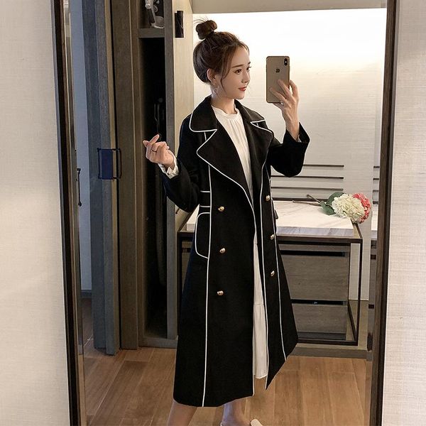 

5xl women long coat plus size autumn winter classic long coat turn down collar trench robe outerwear, Tan;black