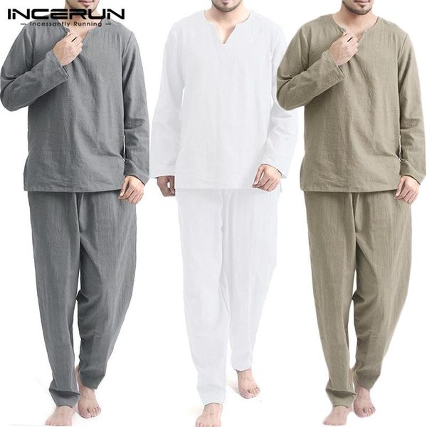 

incerun vintage men sets homewear v neck long sleeve & pants streetwear chinese style cotton loose men suit casual 2 pieces, Gray