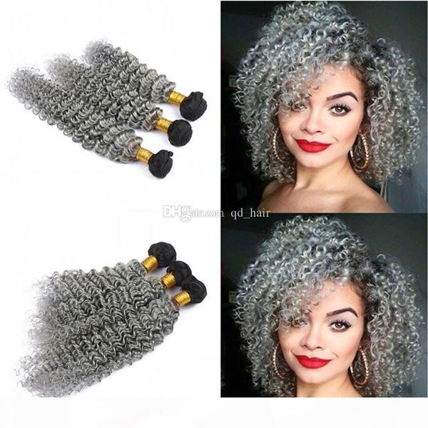 

ombre color silver grey deep wave hair weaves 3pcs unprocessed human hair weft deep curly 1b grey hair 3bundles extension, Black