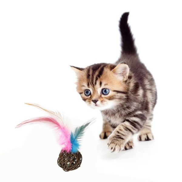 

cat toys pet funny sounds bell rattan ball with chicken feathers 5 sets mixed color supplies pcs