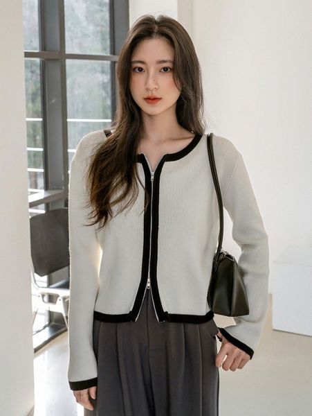 

dazy-less ribbed knit drop shoulder contrast trim zipper cardigan n7xg#, White