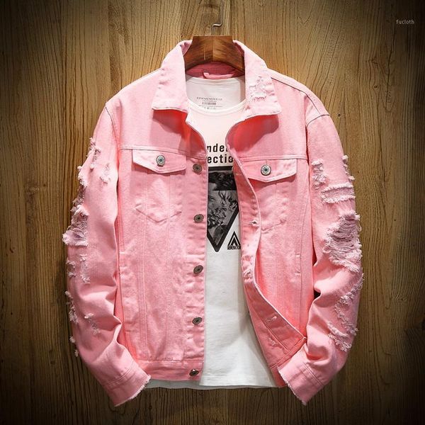 Jaquetas masculinas fashiondenim jaqueta homens rasgados buracos homens rosa jean vestuário lavado jeans casaco1
