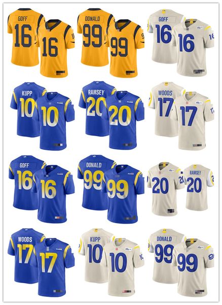 

mens womens youth los angeles rams 10 cooper kupp 99 aaron donald 20 jalen ramsey 16 jared goff 17 robert woods football jerseys, Black;red