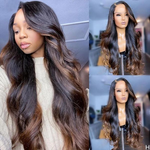 

malaysia highlight dark chocolate silk wavy lace front human hair wigs with baby hair 360 frontal wig pleplucked full lace, Black;brown