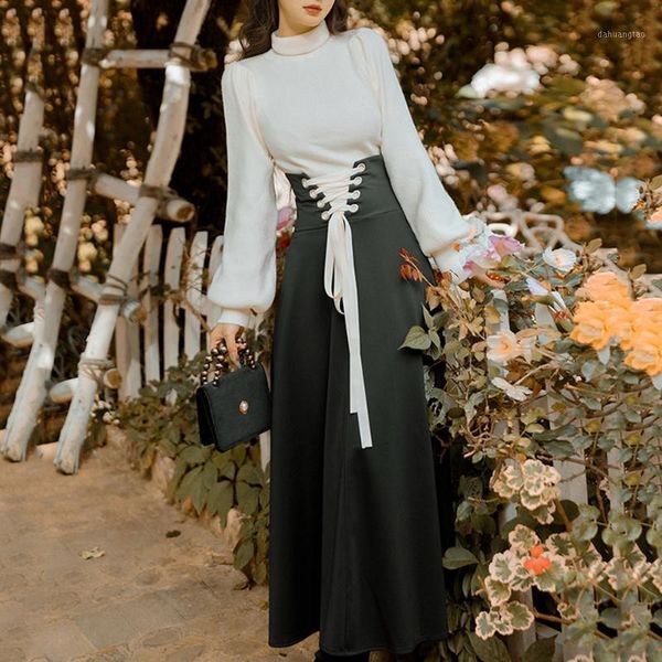 

classical two piece sets fashion temperament hepburn bandage half skirt lantern sleeve turtleneck suit1, Gray