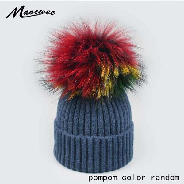 

real raccoon fox fur colorful pompom hat women winter beanies skullies bonnet caps female pom poms ski hats cute gorro warm y201024, Blue;gray