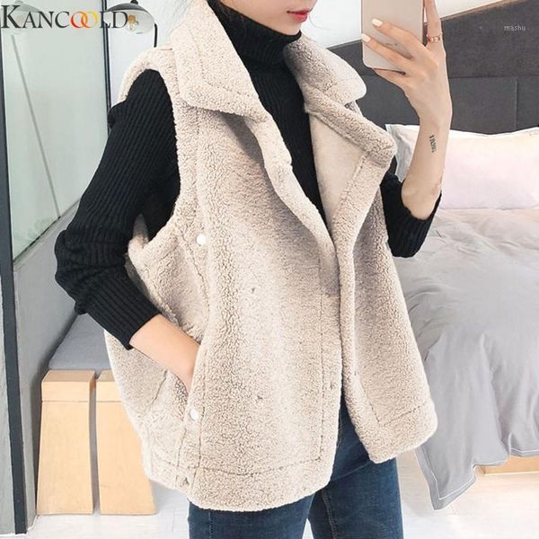 

kancoold women beige vest fleece coat autumn winter warm thick short waistcoat female parkas polyester sleeveless jacket1, Tan;black