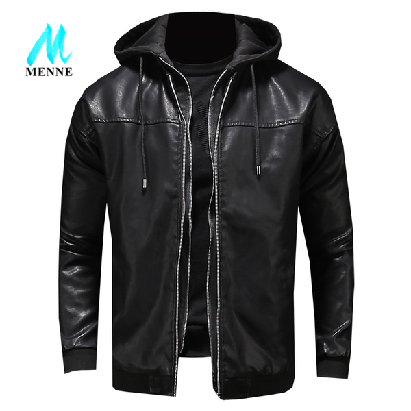 

men's fur & faux menne hooded leather jacket men motorcycle hat removable pu, Black