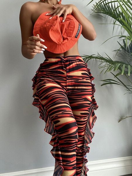 

zebra stripe ruffle cover up pants c35p#, White;black