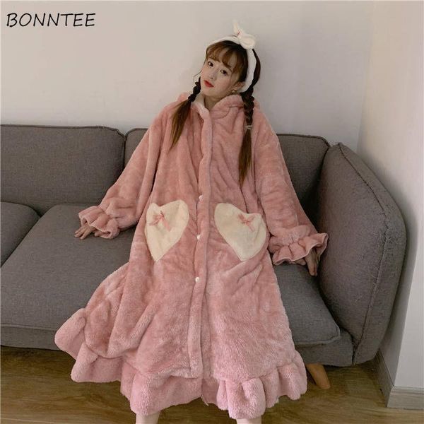 

robes women heart pockets ears pink hooded flannel warm thickening soft winter womens kawaii bathrobes homewear leisure, Black;red