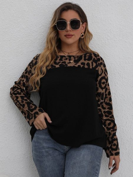 

plus leopard panel blouse j13f#, Black