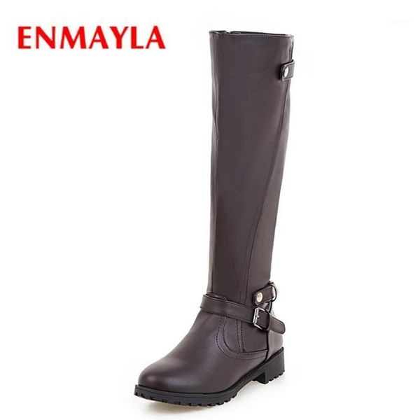 

enmayla 2020 new fashion women zip knee-high buckle boots lady square heel solid fashion boots zyl5281, Black