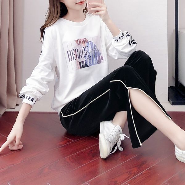 

d87i1 осень и зима 2020 новый костюм спортивный корейский свободный случайный стиль женской моды похудение свитер свитер sweatertwo цельный, Gray