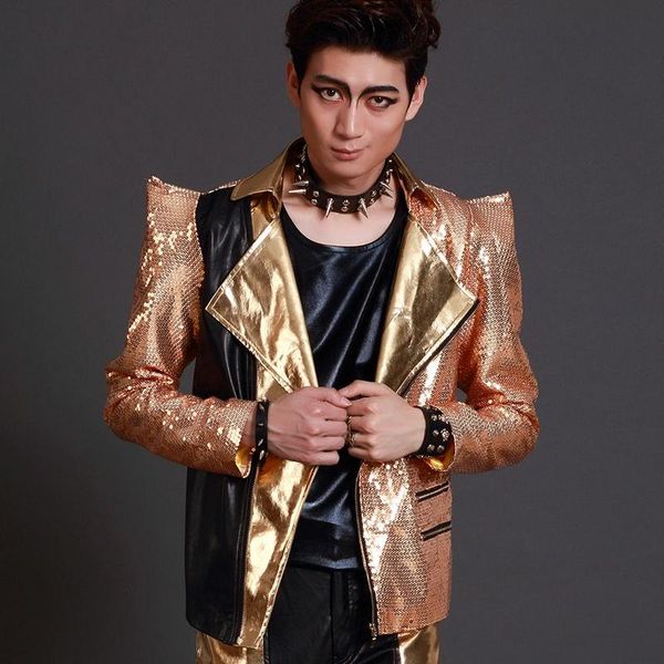 

nightclub male singer costume gold sequined coat dj hiphop jazz performance suit men rave clothes shiny stage outfit dnv13873, Black;red