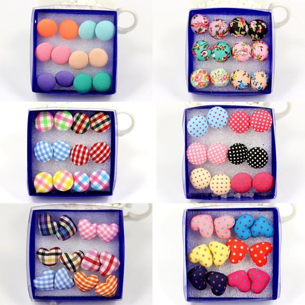 

factory wholesale directly fashion cute cloth button plastic stick anti-allergy stud earrings round heart 6pairs1, Golden;silver