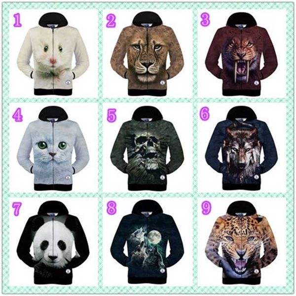 

winter autumn new 3d animal hamster lion grey cat leopard headset wolf printed men's long sleeve cotton zip up hoodies sweatshirt, Black