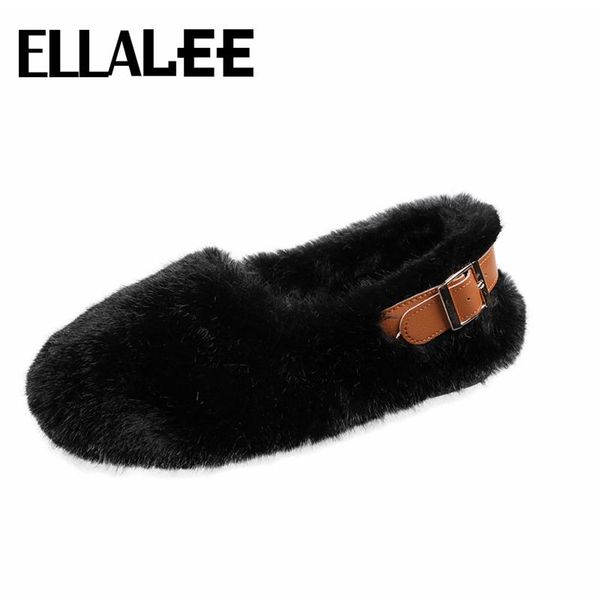 

flats shoe woman loafer round toe plush lining back metal buckle black khaki shallow furry all-match slip on ladies winter shoes