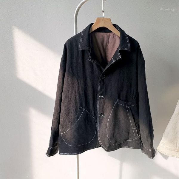 

women autumn winter linen patchwork men coat parkas outerwear male vintage single breasted coat padded 20201, Black