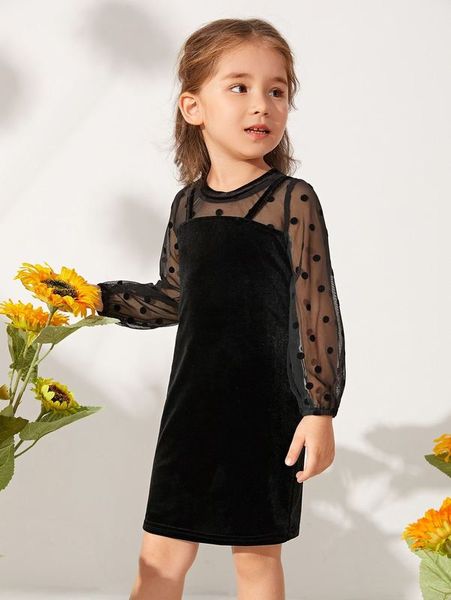 

toddler girls mesh yoke and sleeve velvet dress she, Red;yellow