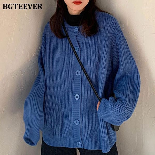 

bgteever fashion o-neck single-breasted female cardigan coats autumn winter warm loose solid knitted open stitch sweaters 20201, White