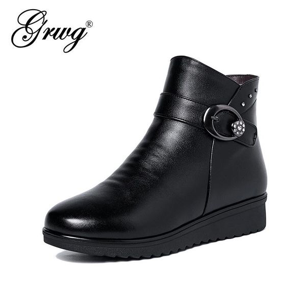 

boots 2021 waterproof women snow 100% genuine leather wool platform ankle for winter fur warm flat shoes, Black