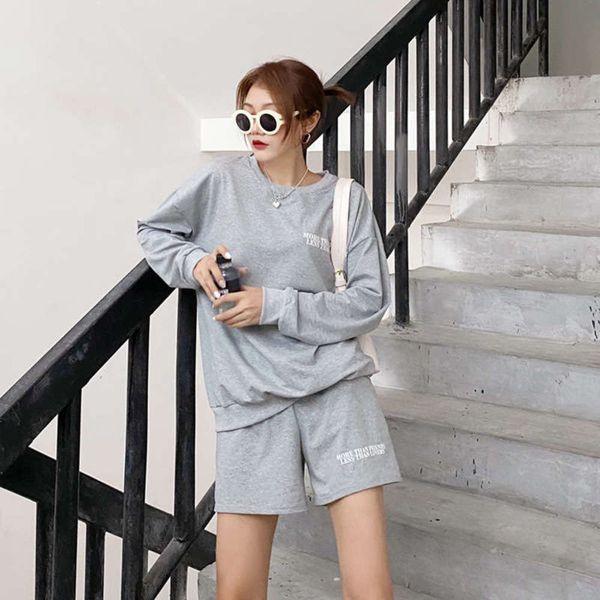 

style fall casual 2020 temperament new fashion  long sleeve sweater shorts sports suit, Gray