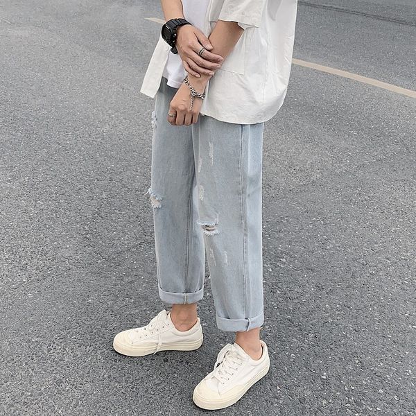 

summer thin jeans with holes men's fashion brand wide leg straight tube loose light korean fashion capri pants, Blue