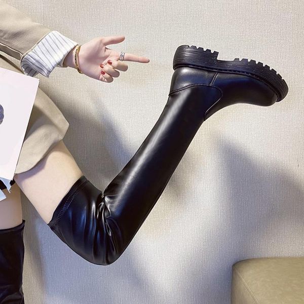 

rimocy fashion pu leather over-the-knee boots womens 2020 new round toe square slim long boots waterproof low heel riding1, Black