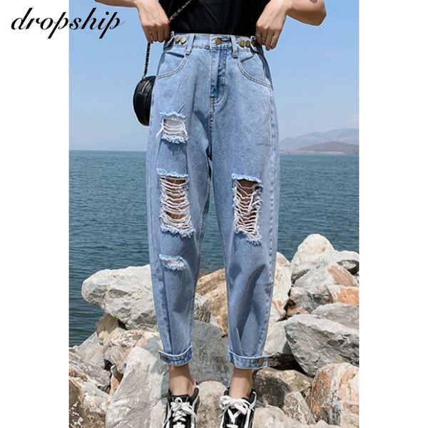 

dropship women elastic loose high waist mom ripped jeans woman plus size high street slim feet demin straight pencil pants s- lj201126, Black;white