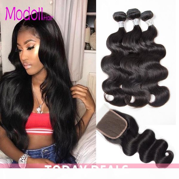 

3 4 связки бразильский объемная волна с 4x4 lace closure двойной уток бразильский необработанные remy человеческих волос пучки с закрытием, Black;brown