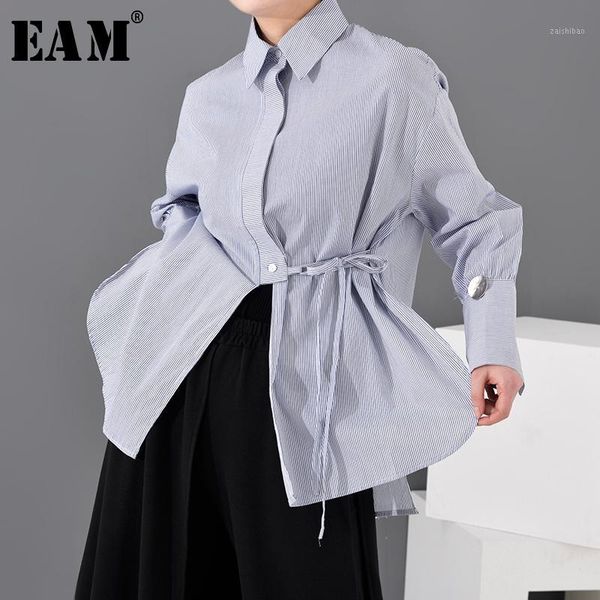

eam] womenbutton striped bandage big size blouse new lapel long sleeve loose fit shirt fashion tide spring autumn 2020 1n527051, White