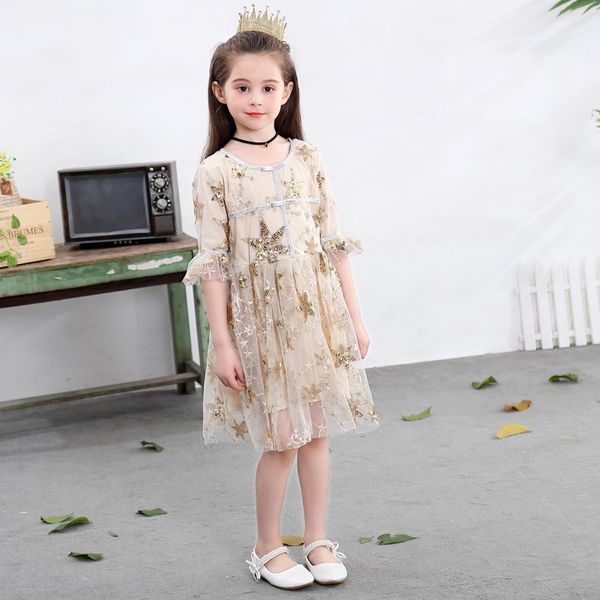 

2019 new autumn gold star printed dress for baby girl kid party boutique beige dress for girl star dress t200709, Red;yellow