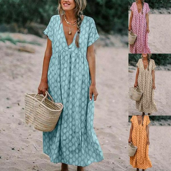 

2019 summer women boho floral short sleeve long dress tunic loose beach holiday sundress women girl casual loose holiday dresses, Black;gray